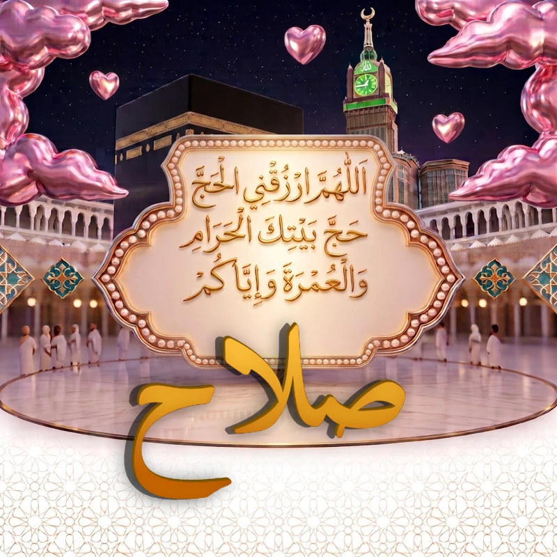 صورة دعاء الحج والعمرة باسم صلاح | اللهم ارزقني الحج حج بيتك الحرام والعمرة وإياكم | بطاقة دعائية مميزة