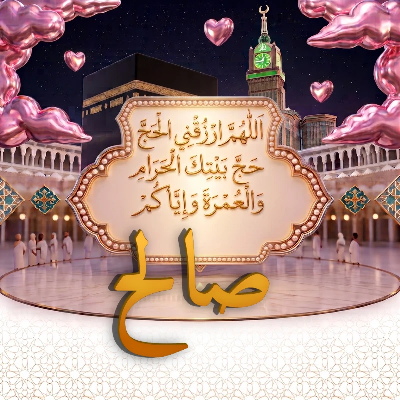 صورة دعاء الحج والعمرة باسم صالح | اللهم ارزقني الحج حج بيتك الحرام والعمرة وإياكم | بطاقة دعائية مميزة