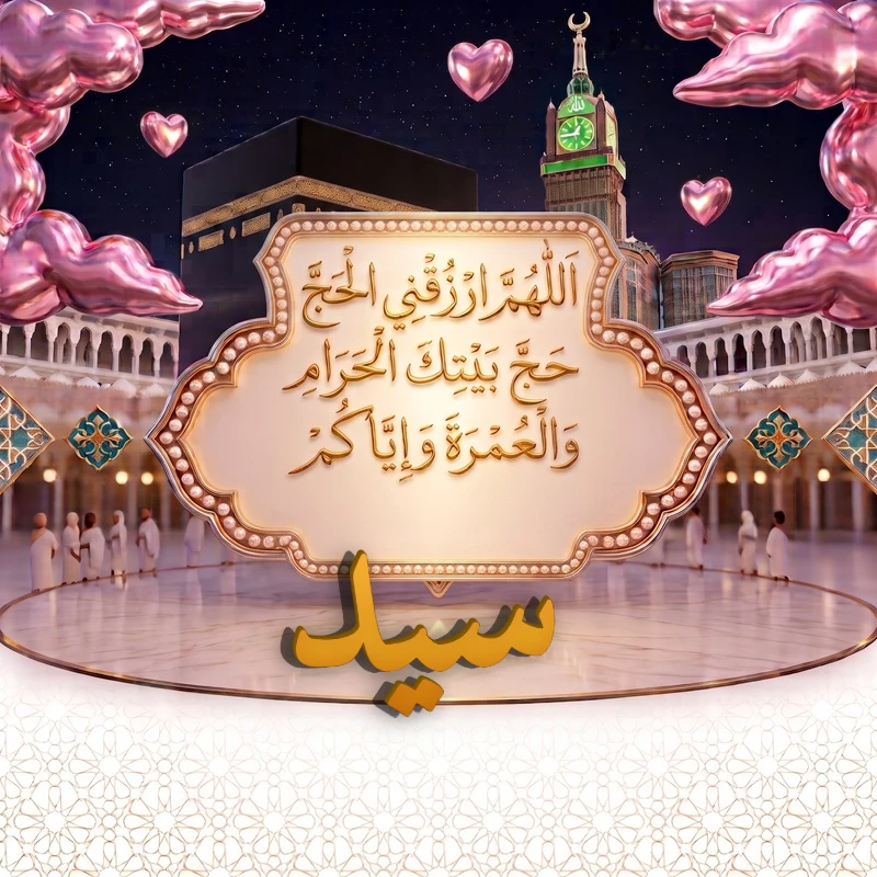 صورة دعاء الحج والعمرة باسم سيد | اللهم ارزقني الحج حج بيتك الحرام والعمرة وإياكم | بطاقة دعائية مميزة