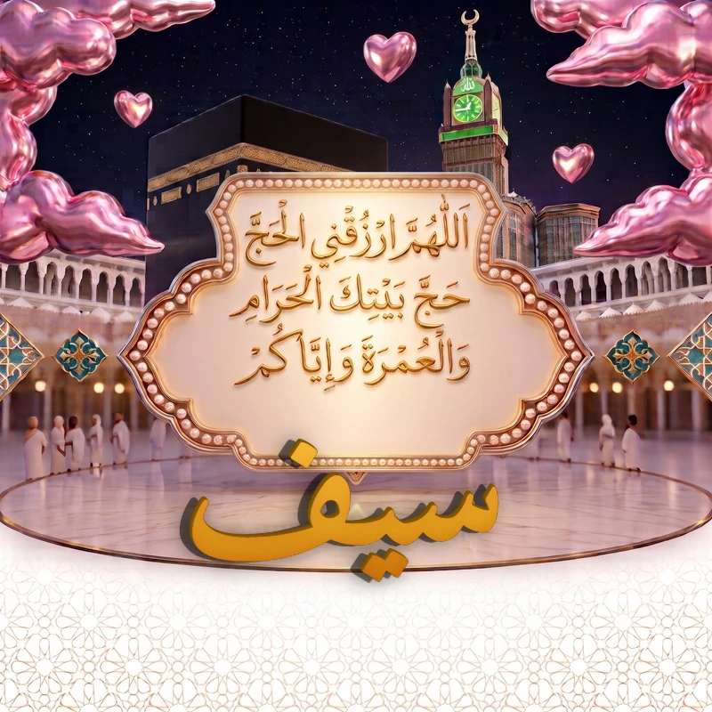 صورة دعاء الحج والعمرة باسم سيف | اللهم ارزقني الحج حج بيتك الحرام والعمرة وإياكم | بطاقة دعائية مميزة