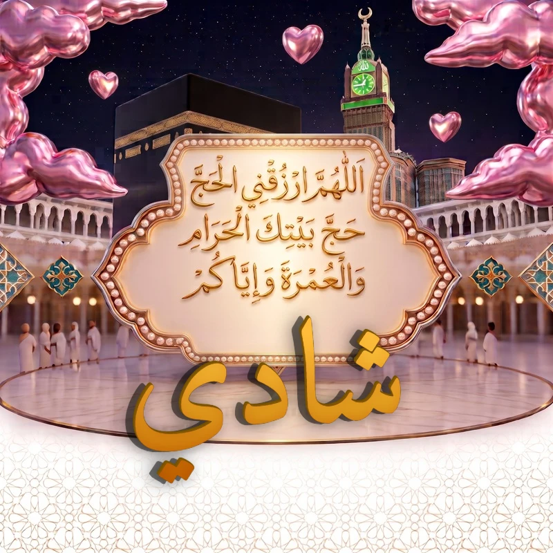 صورة دعاء الحج والعمرة باسم شادي | اللهم ارزقني الحج حج بيتك الحرام والعمرة وإياكم | بطاقة دعائية مميزة