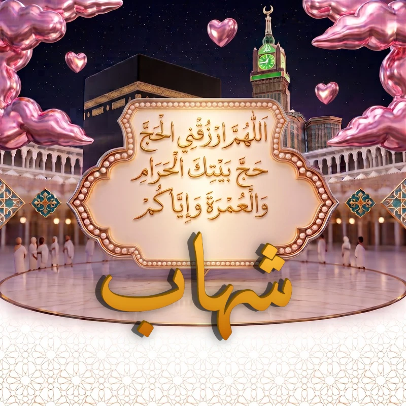 صورة دعاء الحج والعمرة باسم شهاب | اللهم ارزقني الحج حج بيتك الحرام والعمرة وإياكم | بطاقة دعائية مميزة