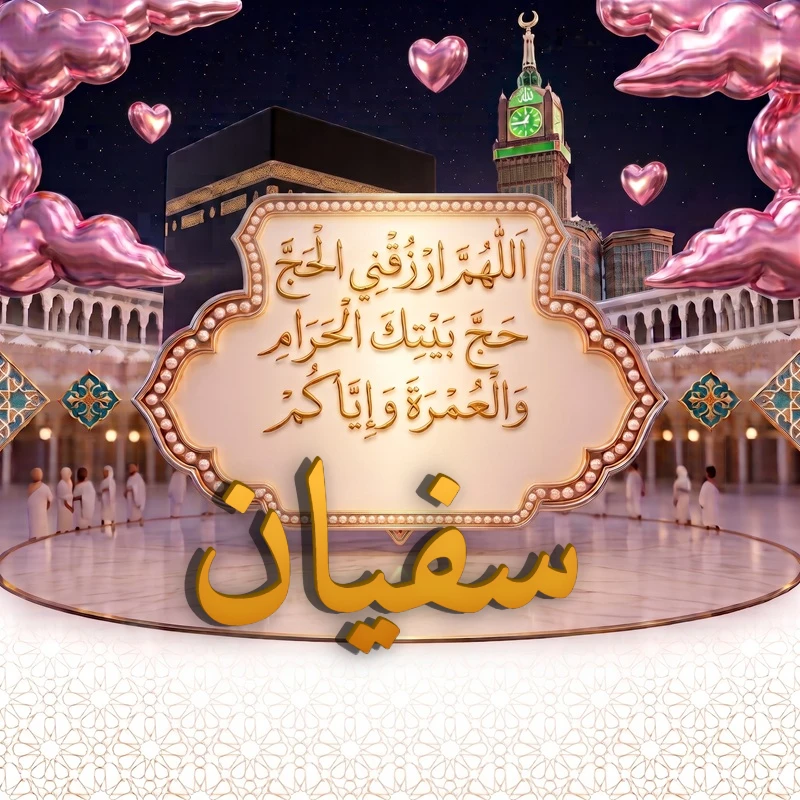 صورة دعاء الحج والعمرة باسم سفيان | اللهم ارزقني الحج حج بيتك الحرام والعمرة وإياكم | بطاقة دعائية مميزة