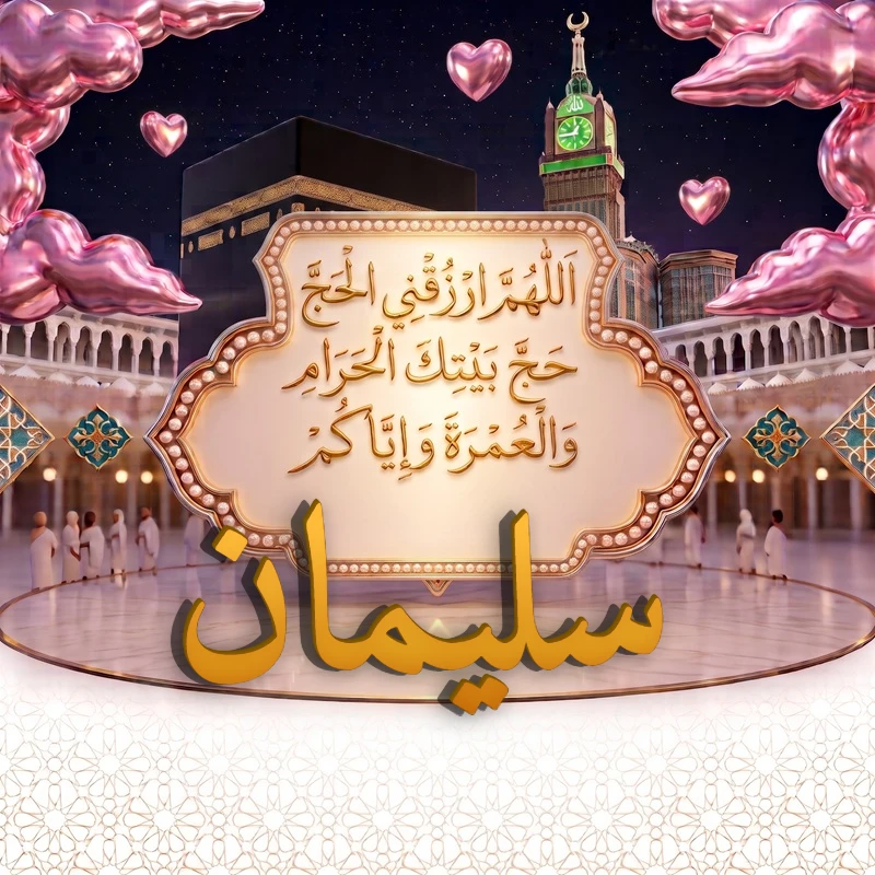 صورة دعاء الحج والعمرة باسم سليمان | اللهم ارزقني الحج حج بيتك الحرام والعمرة وإياكم | بطاقة دعائية مميزة