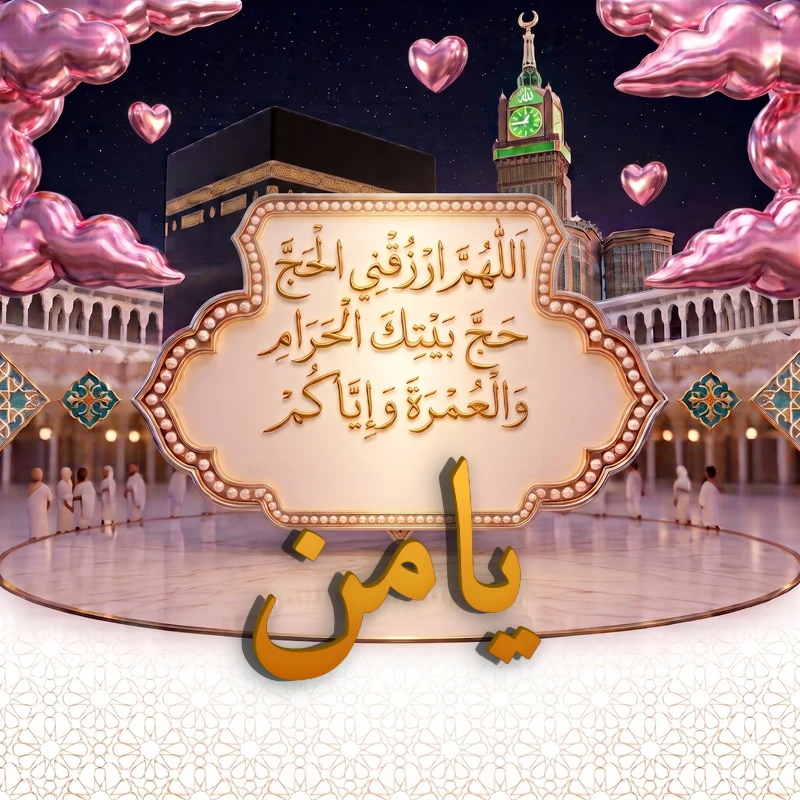 صورة دعاء الحج والعمرة باسم يامن | اللهم ارزقني الحج حج بيتك الحرام والعمرة وإياكم | بطاقة دعائية مميزة