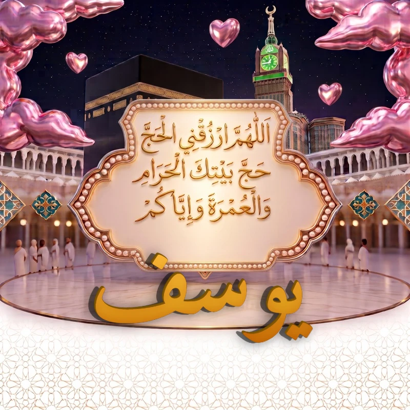 صورة دعاء الحج والعمرة باسم يوسف | اللهم ارزقني الحج حج بيتك الحرام والعمرة وإياكم | بطاقة دعائية مميزة