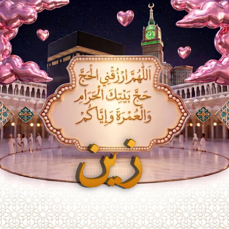 صورة دعاء الحج والعمرة باسم زين | اللهم ارزقني الحج حج بيتك الحرام والعمرة وإياكم | بطاقة دعائية مميزة