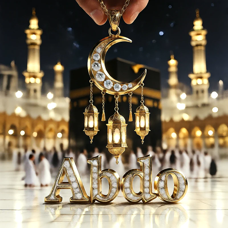 تصميم إسلامي فاخر لاسم عبده بهلال ذهبي وفوانيس رمضانية أمام الكعبة | صور للواتساب