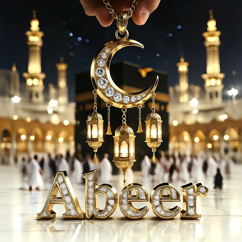 تصميم إسلامي فاخر لاسم عبير بهلال ذهبي وفوانيس رمضانية أمام الكعبة | صور للواتساب
