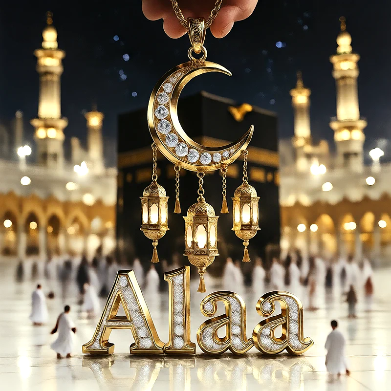 تصميم إسلامي فاخر لاسم آلاء بهلال ذهبي وفوانيس رمضانية أمام الكعبة | صور للواتساب