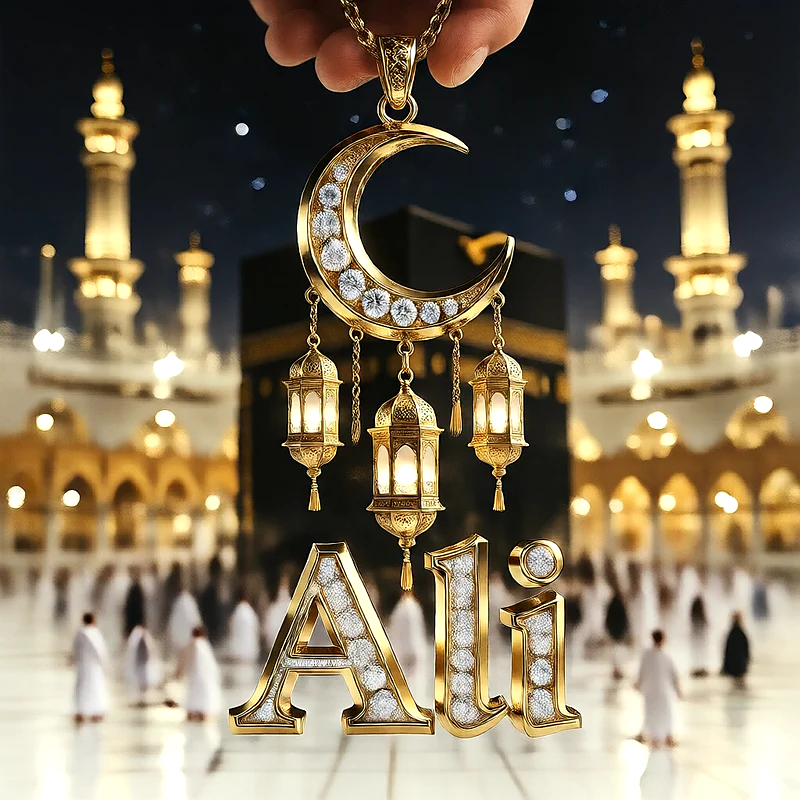تصميم إسلامي فاخر لاسم علي بهلال ذهبي وفوانيس رمضانية أمام الكعبة | صور للواتساب