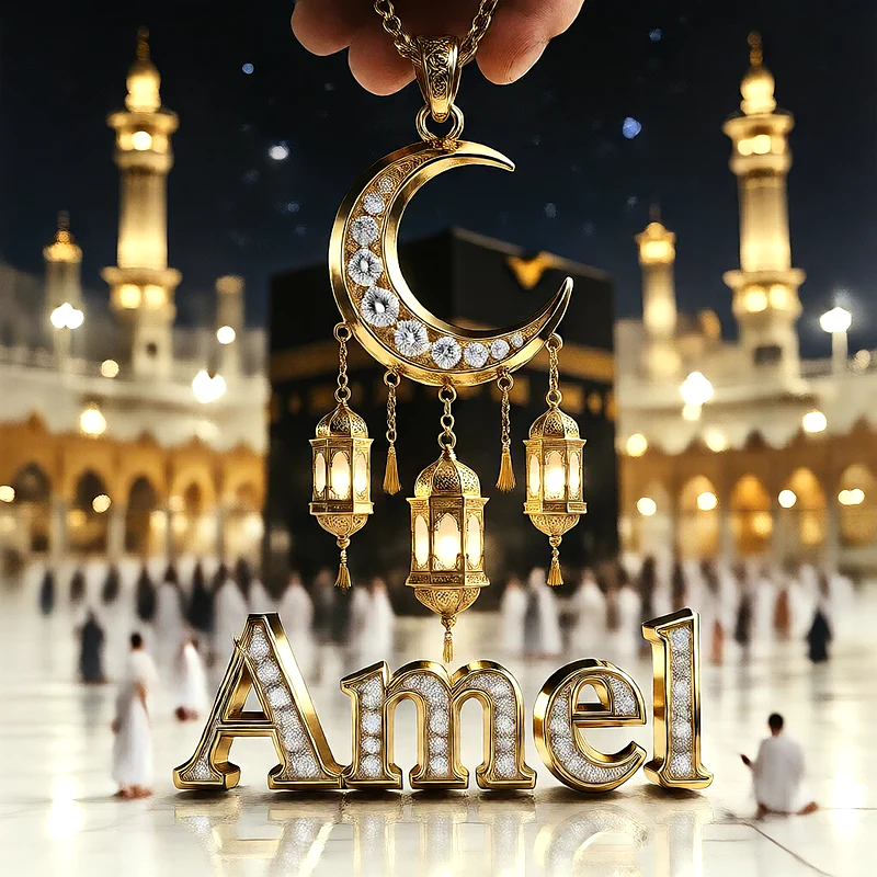 تصميم إسلامي فاخر لاسم امل بهلال ذهبي وفوانيس رمضانية أمام الكعبة | صور للواتساب
