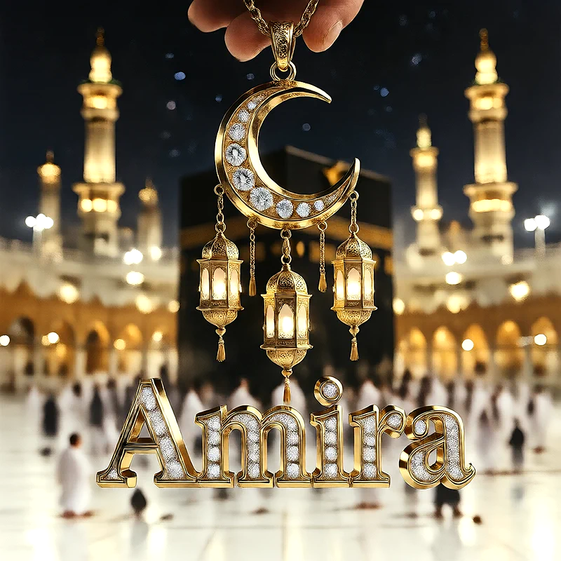 تصميم إسلامي فاخر لاسم أميرة بهلال ذهبي وفوانيس رمضانية أمام الكعبة | صور للواتساب