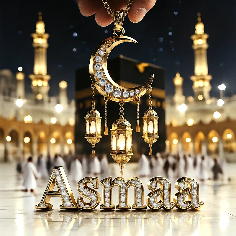 تصميم إسلامي فاخر لاسم أسماء بهلال ذهبي وفوانيس رمضانية أمام الكعبة | صور للواتساب