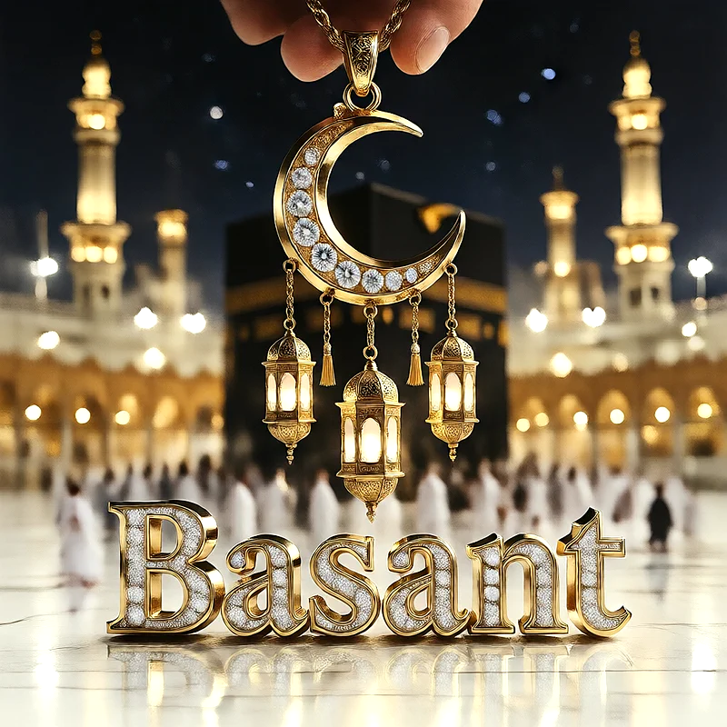 تصميم إسلامي فاخر لاسم بسنتة بهلال ذهبي وفوانيس رمضانية أمام الكعبة | صور للواتساب