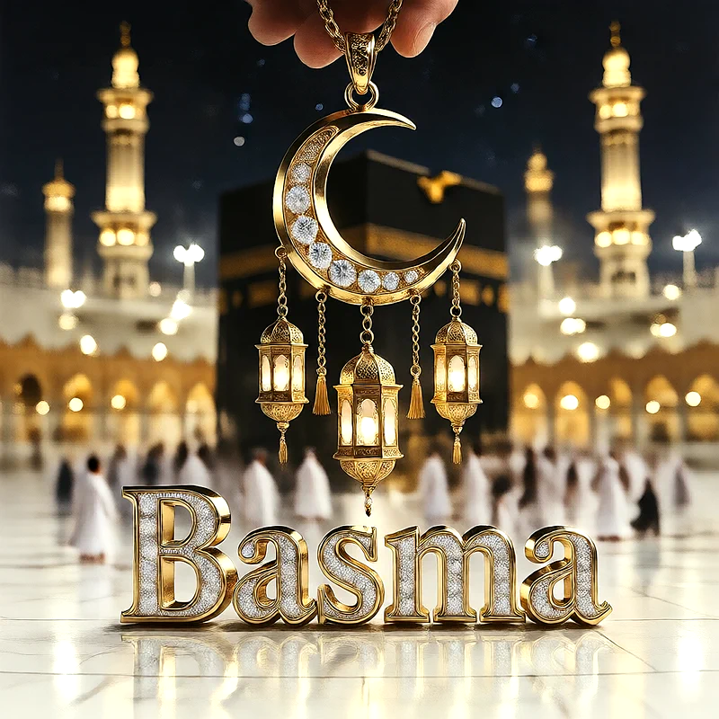 تصميم إسلامي فاخر لاسم بسمة بهلال ذهبي وفوانيس رمضانية أمام الكعبة | صور للواتساب