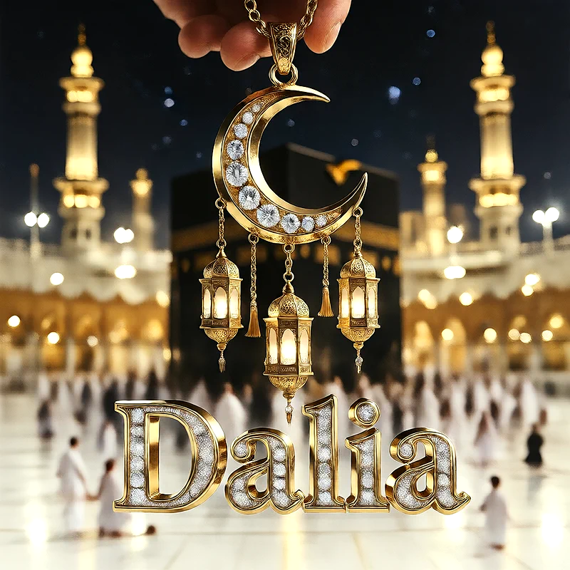 تصميم إسلامي فاخر لاسم داليا بهلال ذهبي وفوانيس رمضانية أمام الكعبة | صور للواتساب