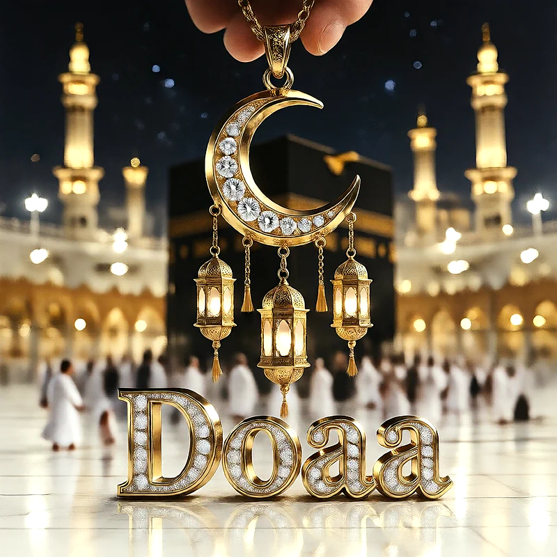 تصميم إسلامي فاخر لاسم دعاء بهلال ذهبي وفوانيس رمضانية أمام الكعبة | صور للواتساب