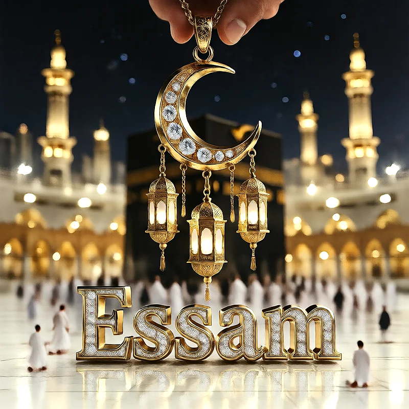 تصميم إسلامي فاخر لاسم عصام بهلال ذهبي وفوانيس رمضانية أمام الكعبة | صور للواتساب