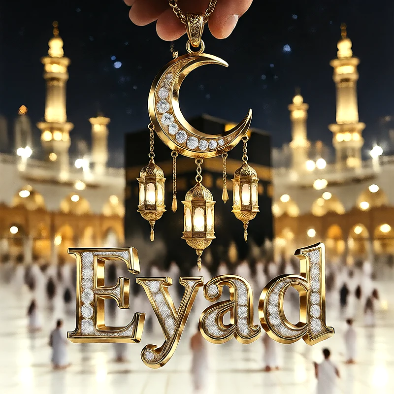 تصميم إسلامي فاخر لاسم اياد بهلال ذهبي وفوانيس رمضانية أمام الكعبة | صور للواتساب