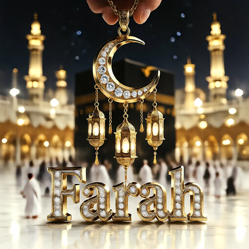 تصميم إسلامي فاخر لاسم فرح بهلال ذهبي وفوانيس رمضانية أمام الكعبة | صور للواتساب