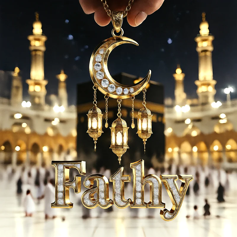تصميم إسلامي فاخر لاسم فتحي بهلال ذهبي وفوانيس رمضانية أمام الكعبة | صور للواتساب