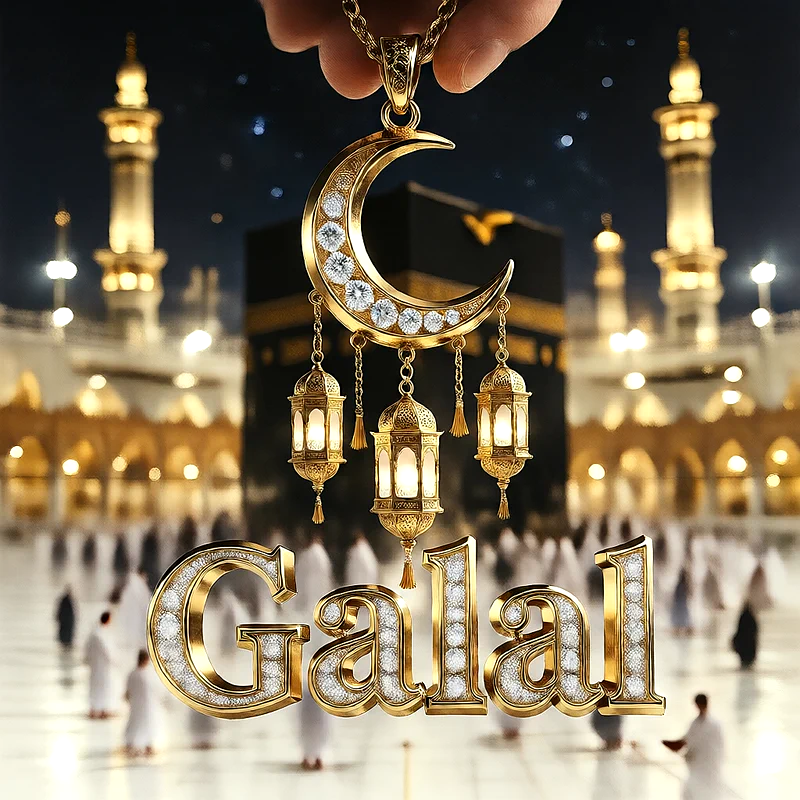 تصميم إسلامي فاخر لاسم جلال بهلال ذهبي وفوانيس رمضانية أمام الكعبة | صور للواتساب