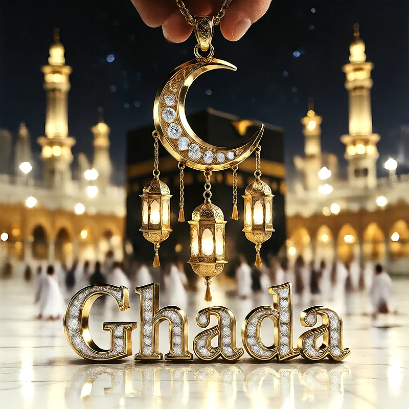 تصميم إسلامي فاخر لاسم غادة بهلال ذهبي وفوانيس رمضانية أمام الكعبة | صور للواتساب
