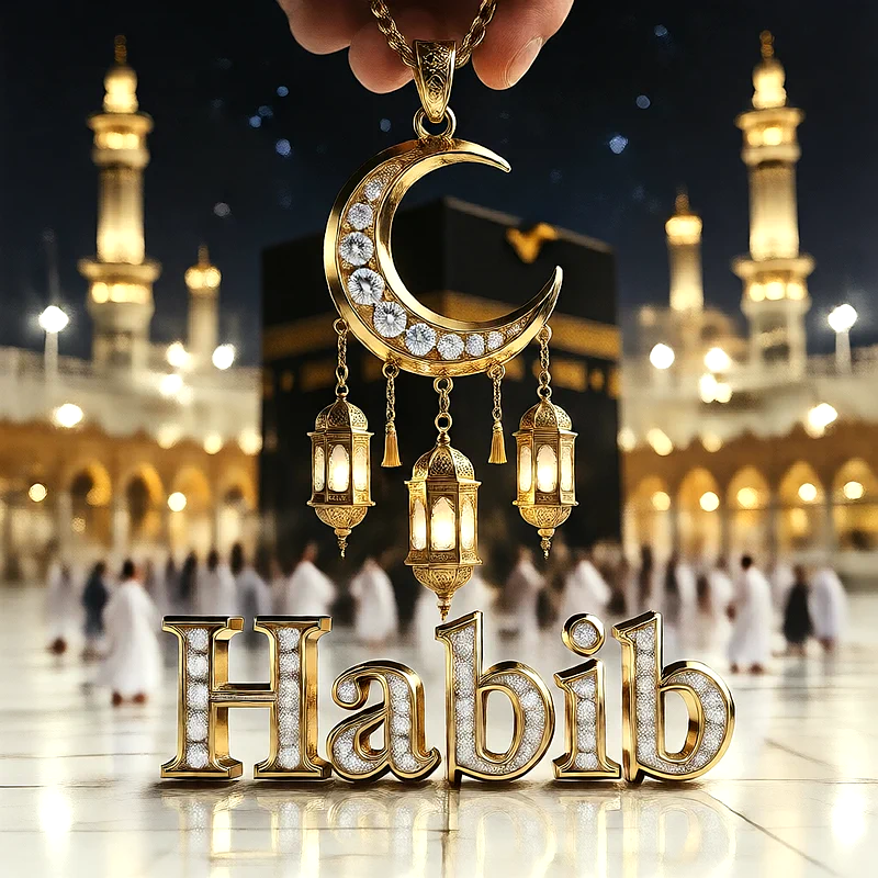تصميم إسلامي فاخر لاسم حبيب بهلال ذهبي وفوانيس رمضانية أمام الكعبة | صور للواتساب