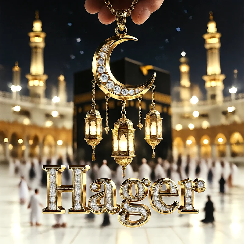تصميم إسلامي فاخر لاسم هاجر بهلال ذهبي وفوانيس رمضانية أمام الكعبة | صور للواتساب