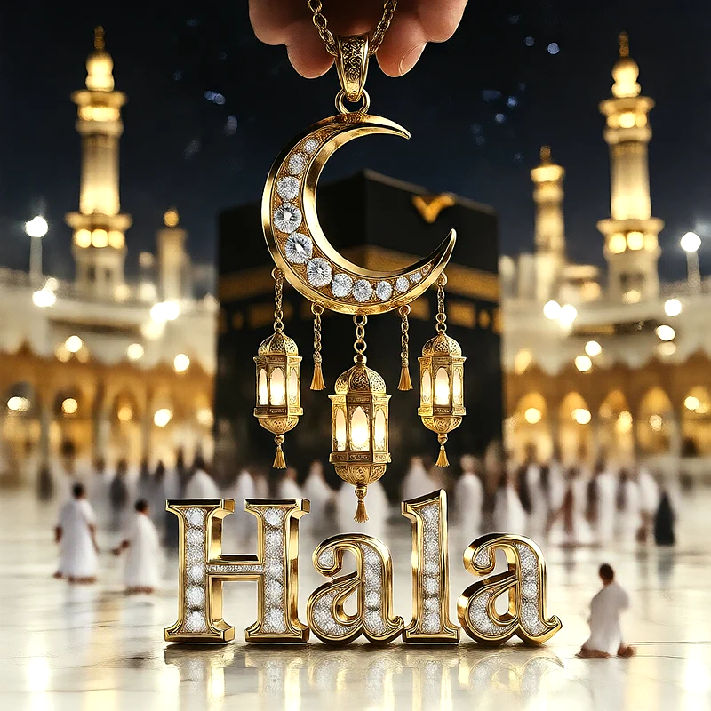 تصميم إسلامي فاخر لاسم حلا بهلال ذهبي وفوانيس رمضانية أمام الكعبة | صور للواتساب