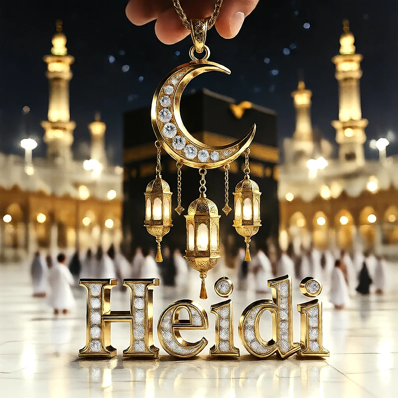 تصميم إسلامي فاخر لاسم هايدي بهلال ذهبي وفوانيس رمضانية أمام الكعبة | صور للواتساب