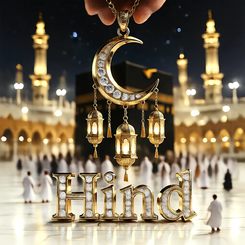 تصميم إسلامي فاخر لاسم هند بهلال ذهبي وفوانيس رمضانية أمام الكعبة | صور للواتساب