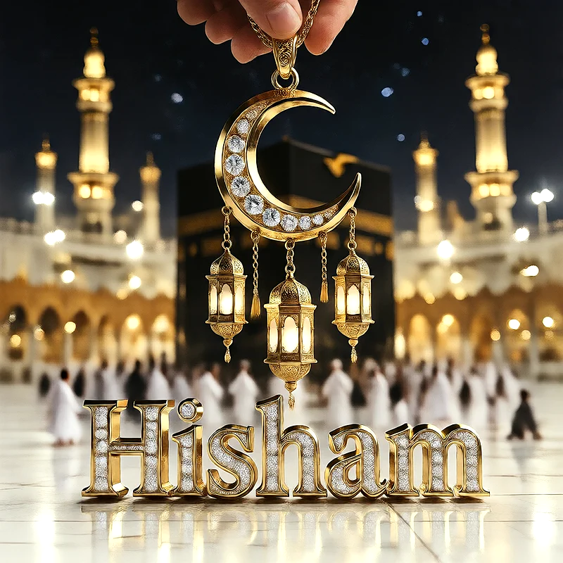 تصميم إسلامي فاخر لاسم هشام بهلال ذهبي وفوانيس رمضانية أمام الكعبة | صور للواتساب