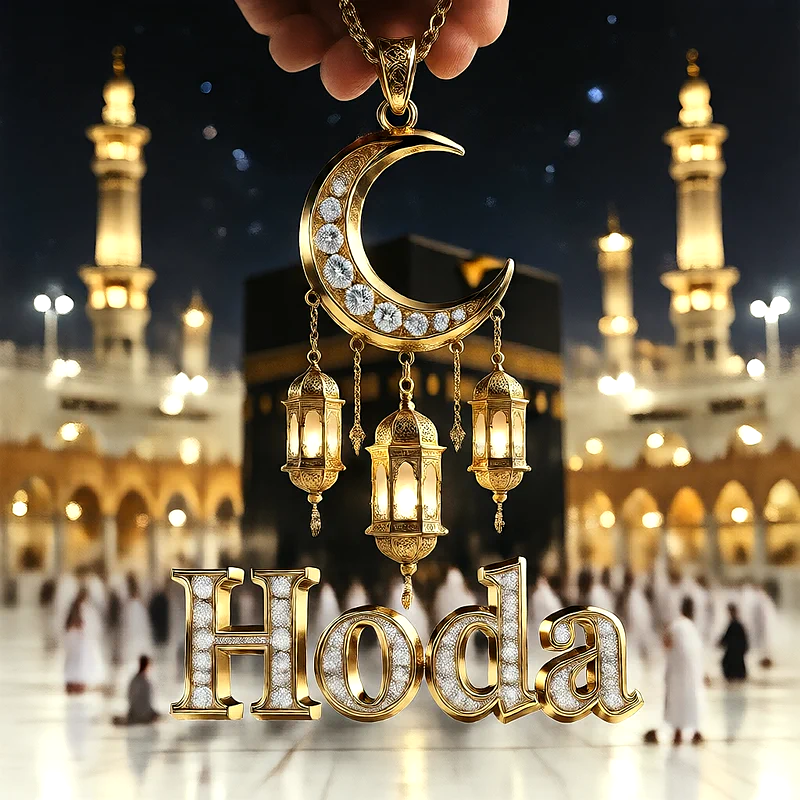 تصميم إسلامي فاخر لاسم هدى بهلال ذهبي وفوانيس رمضانية أمام الكعبة | صور للواتساب