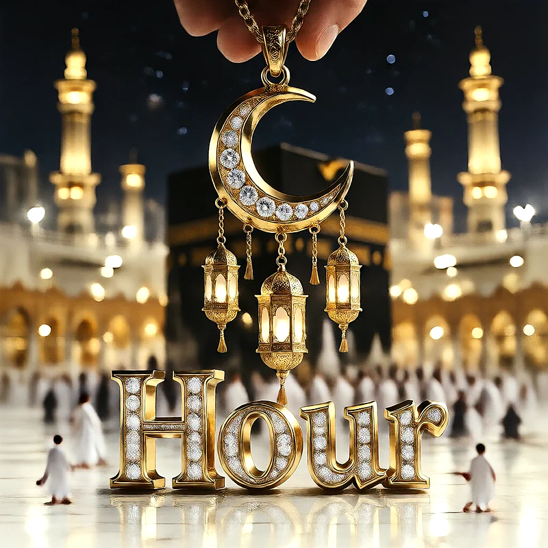 تصميم إسلامي فاخر لاسم حور بهلال ذهبي وفوانيس رمضانية أمام الكعبة | صور للواتساب