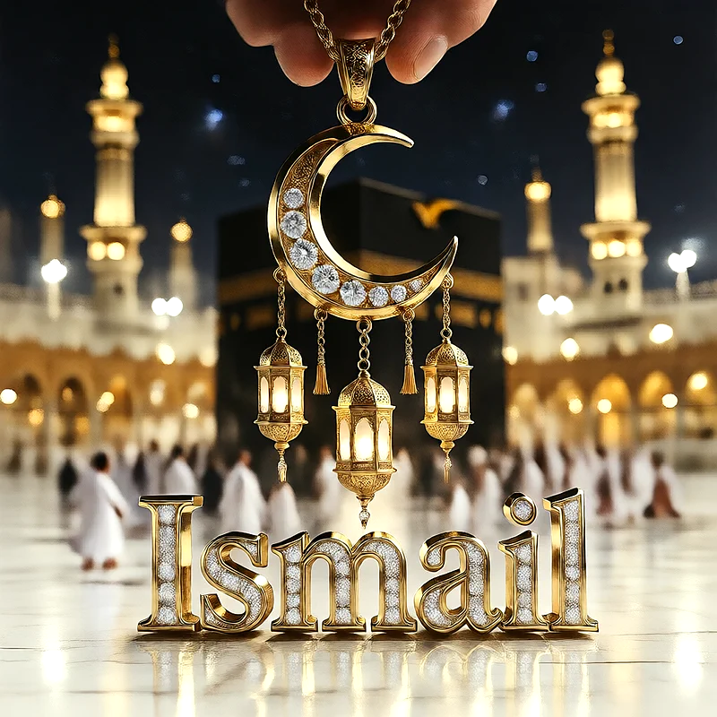 تصميم إسلامي فاخر لاسم اسماعيل بهلال ذهبي وفوانيس رمضانية أمام الكعبة | صور للواتساب