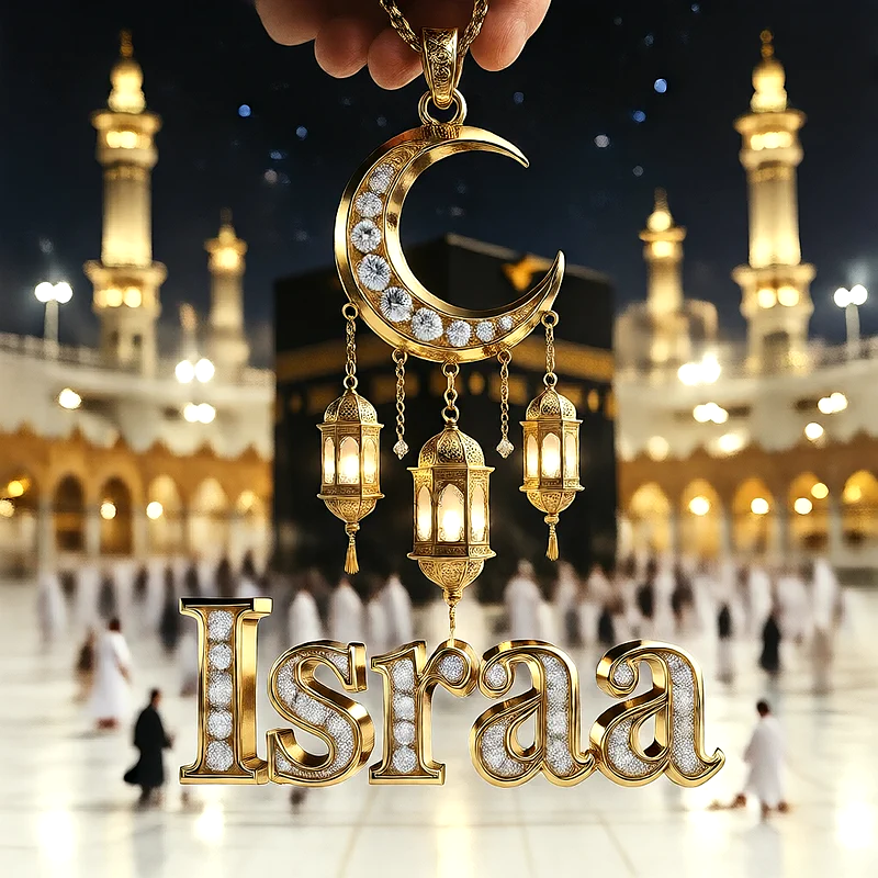 تصميم إسلامي فاخر لاسم إسراء بهلال ذهبي وفوانيس رمضانية أمام الكعبة | صور للواتساب