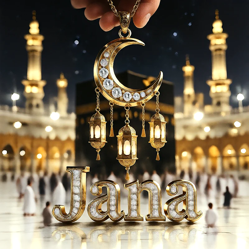 تصميم إسلامي فاخر لاسم جنى بهلال ذهبي وفوانيس رمضانية أمام الكعبة | صور للواتساب