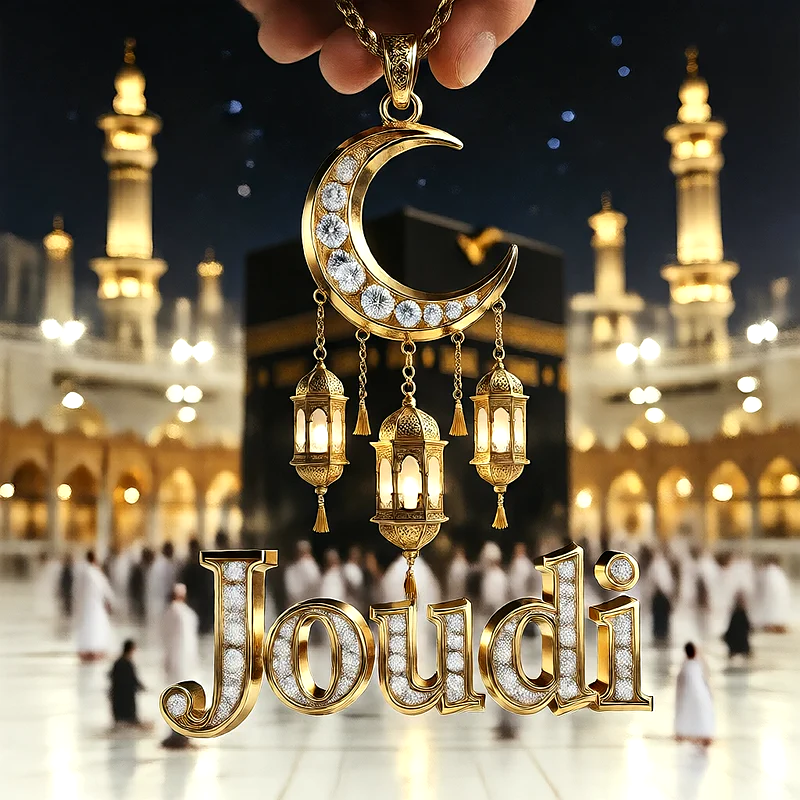 تصميم إسلامي فاخر لاسم جودي بهلال ذهبي وفوانيس رمضانية أمام الكعبة | صور للواتساب