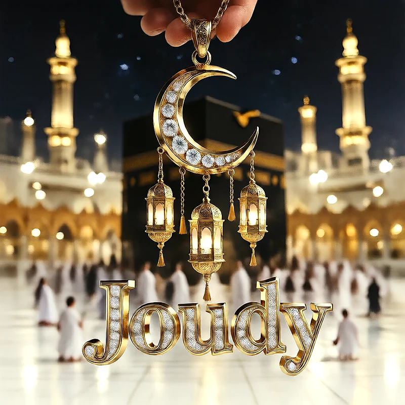 تصميم إسلامي فاخر لاسم جودى بهلال ذهبي وفوانيس رمضانية أمام الكعبة | صور للواتساب