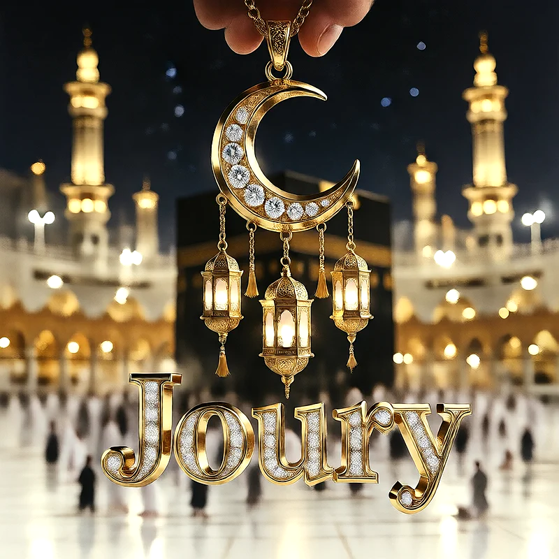 تصميم إسلامي فاخر لاسم جورى بهلال ذهبي وفوانيس رمضانية أمام الكعبة | صور للواتساب