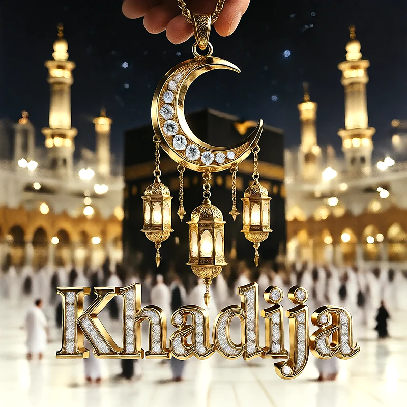 تصميم إسلامي فاخر لاسم خديجة بهلال ذهبي وفوانيس رمضانية أمام الكعبة | صور للواتساب