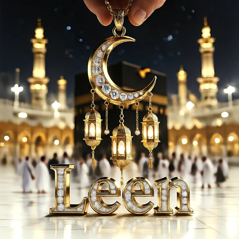 تصميم إسلامي فاخر لاسم لين بهلال ذهبي وفوانيس رمضانية أمام الكعبة | صور للواتساب
