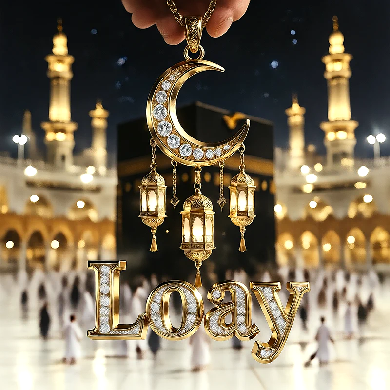 تصميم إسلامي فاخر لاسم لؤي بهلال ذهبي وفوانيس رمضانية أمام الكعبة | صور للواتساب