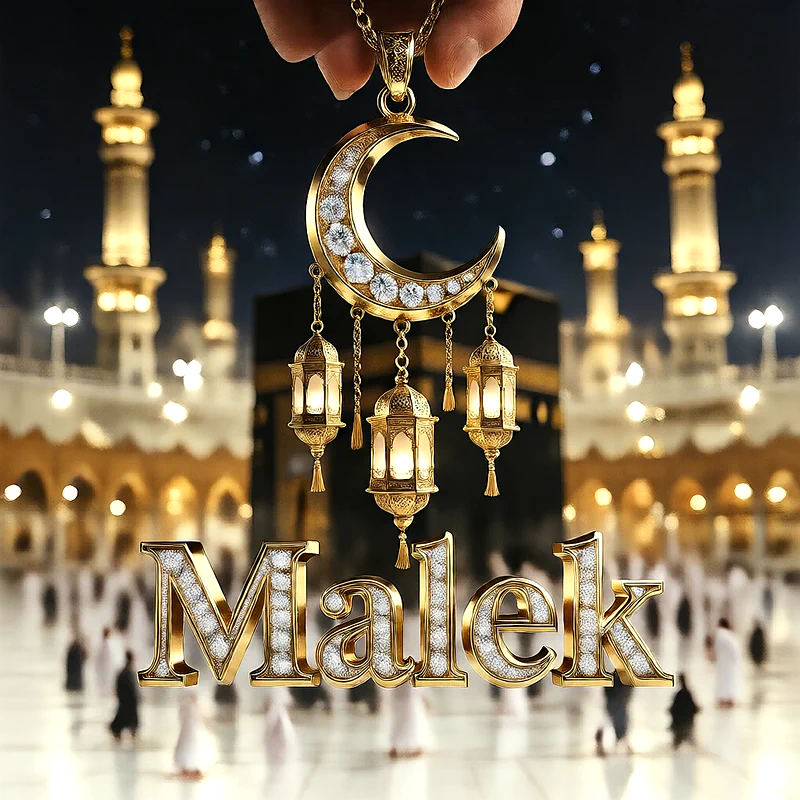 تصميم إسلامي فاخر لاسم مالك بهلال ذهبي وفوانيس رمضانية أمام الكعبة | صور للواتساب