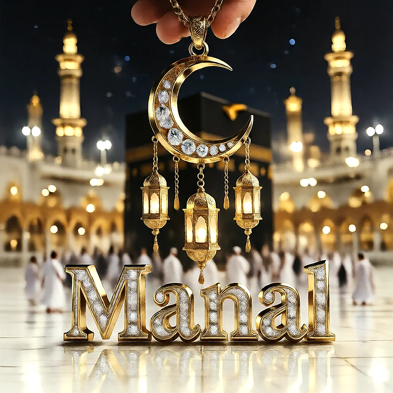 تصميم إسلامي فاخر لاسم منال بهلال ذهبي وفوانيس رمضانية أمام الكعبة | صور للواتساب