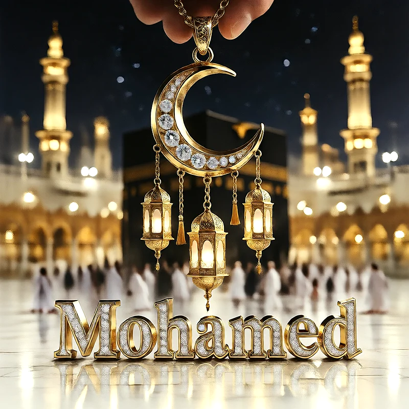 تصميم إسلامي فاخر لاسم محمد بهلال ذهبي وفوانيس رمضانية أمام الكعبة | صور للواتساب