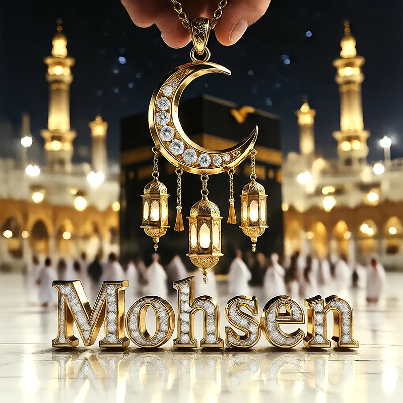 تصميم إسلامي فاخر لاسم محسن بهلال ذهبي وفوانيس رمضانية أمام الكعبة | صور للواتساب