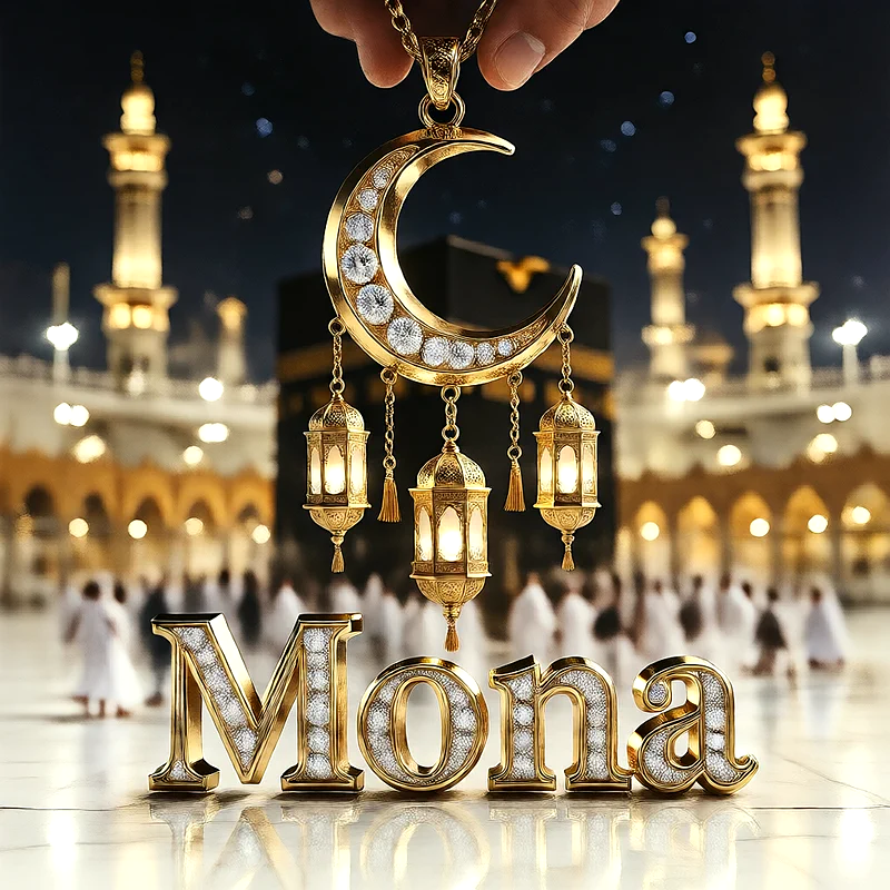 تصميم إسلامي فاخر لاسم منى بهلال ذهبي وفوانيس رمضانية أمام الكعبة | صور للواتساب